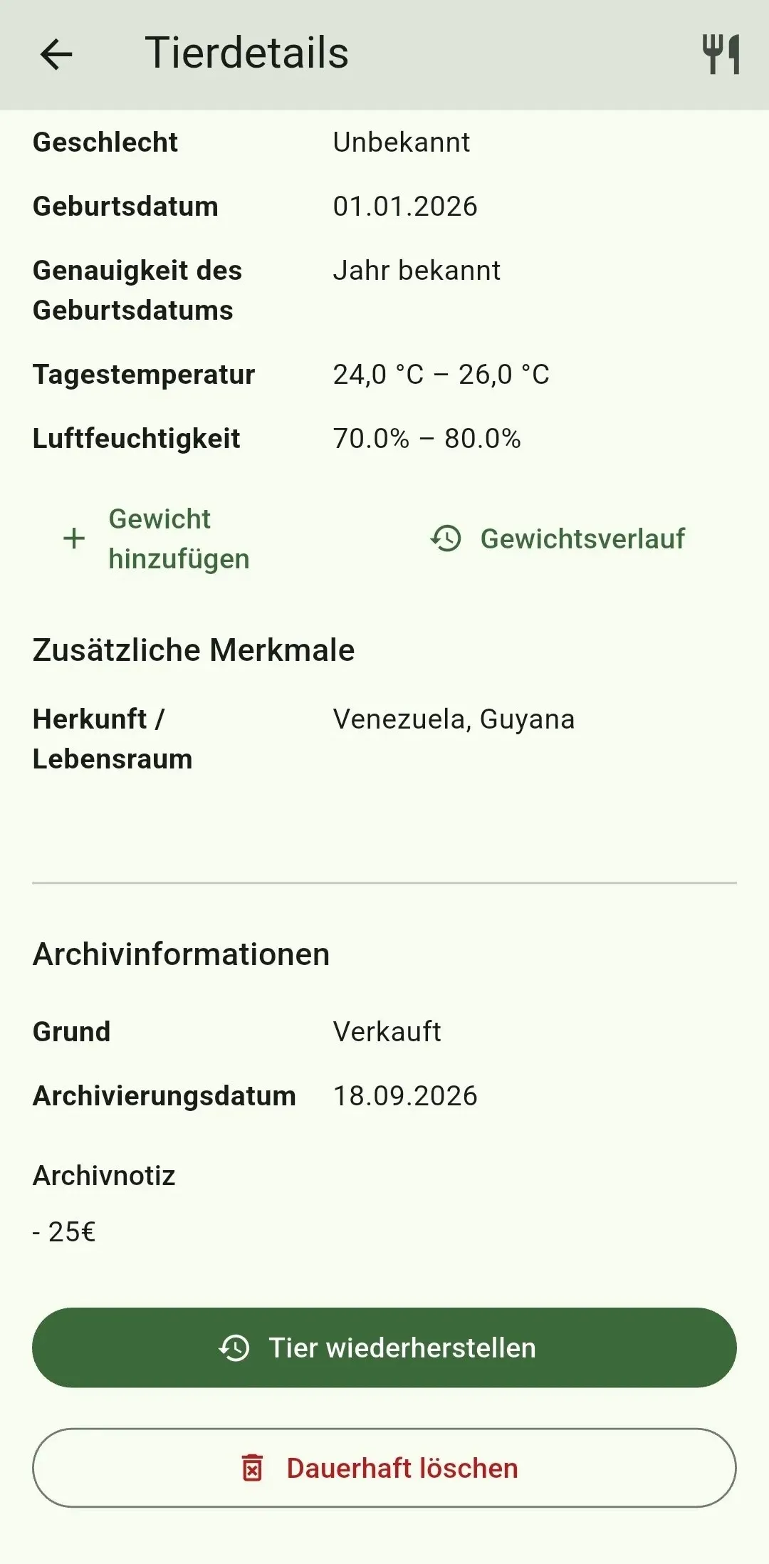 Archivinformationen mit Wiederherstellungsaktion