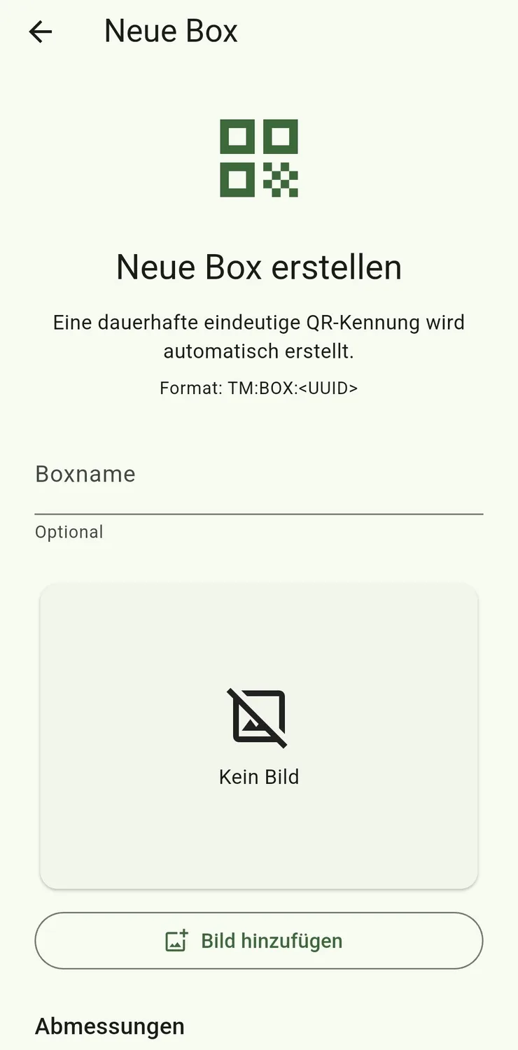 Maske zum Erstellen einer neuen Box