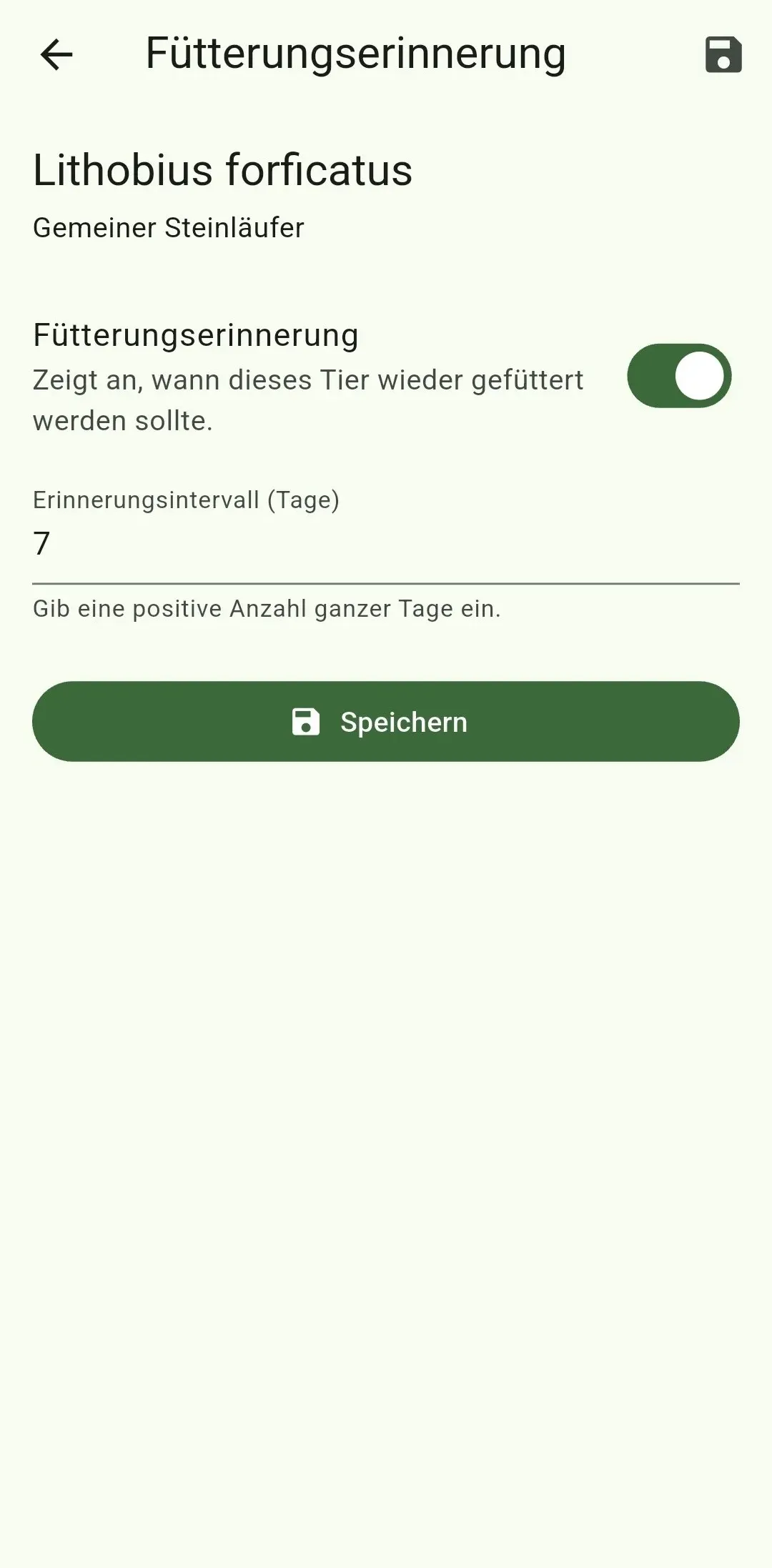Einstellungen für eine Fütterungserinnerung