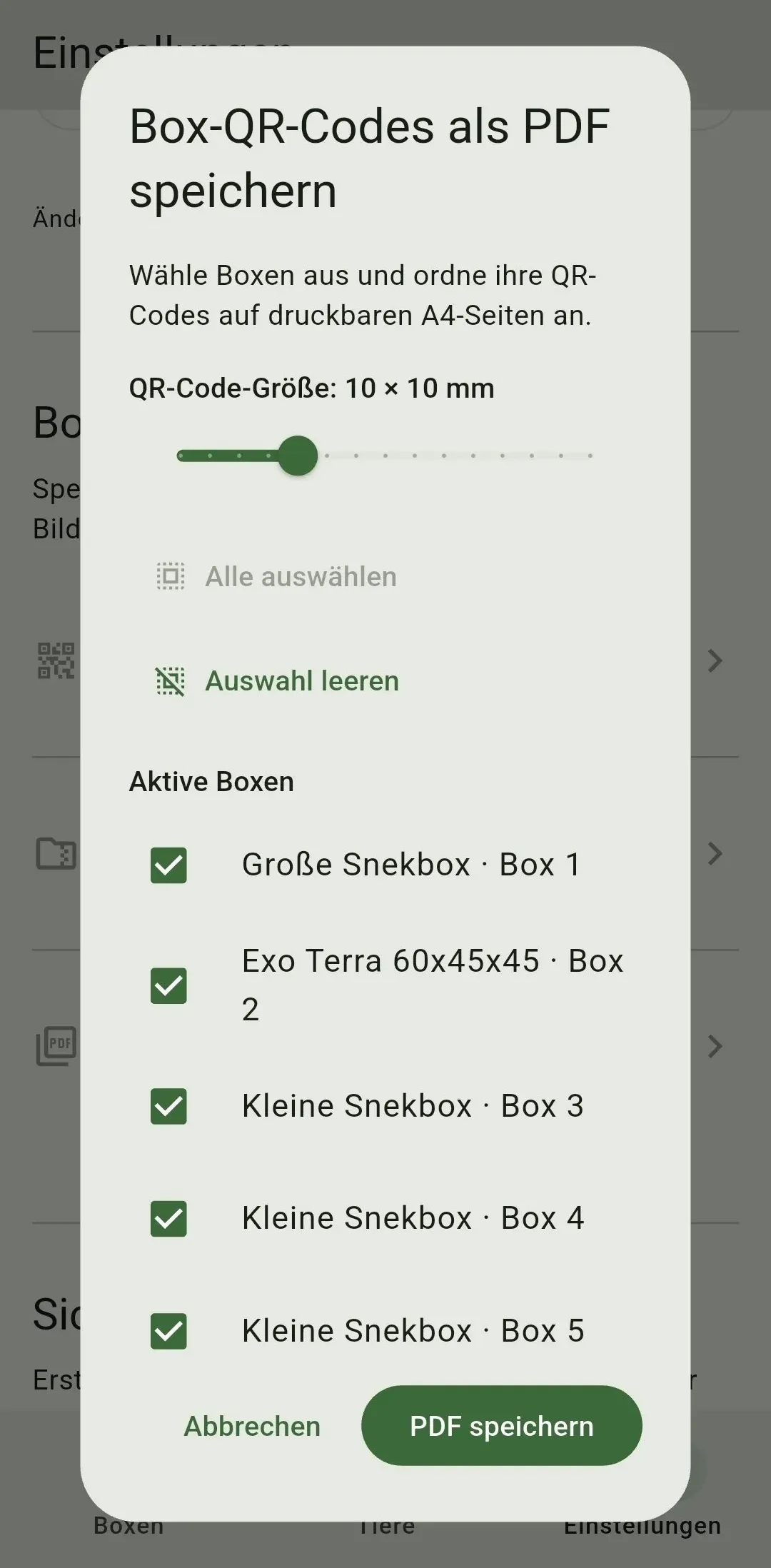 Dialog zum PDF-Export von Box-QR-Codes