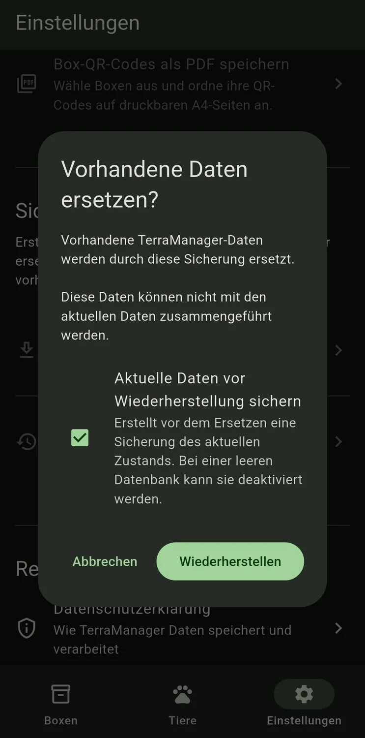 Wiederherstellungsdialog mit aktiviertem Safety Backup
